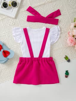 Baby Girl Spring Summer 3-Piece Set Flutter Sleeve T-shirt + Overall Dress + Headband Cute Casual Kids Outfit