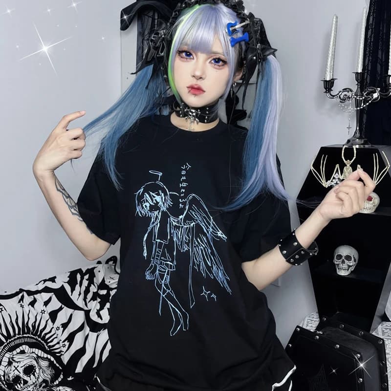Harajuku Angel Wings Print Cotton Short Sleeve Women's Shirt Summer Kawaii  Casual T-Shirt Subculture Oversize Women's Clothes