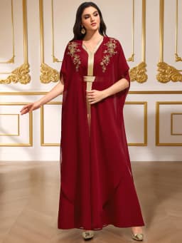Luxury Burgundy Heavy Gold-Embroidered Arabic Abaya Cape-Sleeve Open-Front Dress Banquet / Party Gown