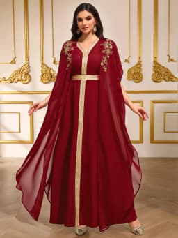 Luxury Burgundy Heavy Gold-Embroidered Arabic Abaya Cape-Sleeve Open-Front Dress Banquet / Party Gown