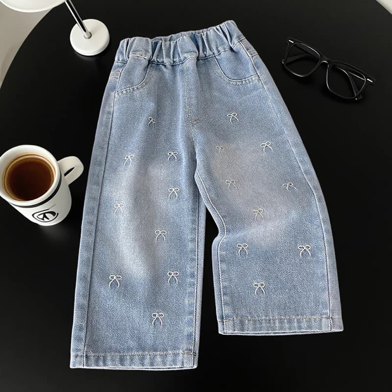 Girls' Embroidered Bow Wide-Leg Denim Pants