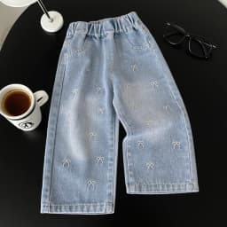 Girls' Embroidered Bow Wide-Leg Denim Pants