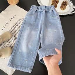 Girls' Embroidered Bow Wide-Leg Denim Pants