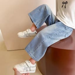 Girls' Embroidered Bow Wide-Leg Denim Pants
