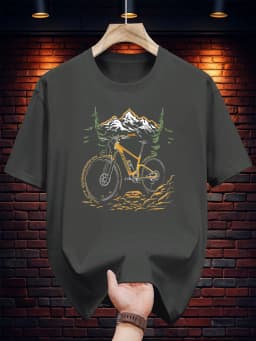 Summer Men's 100% Cotton Casual Loose Mountain and Bicycle Pattern Printed Comfortable Sports Round Neck Short Sleeved T-Shirt