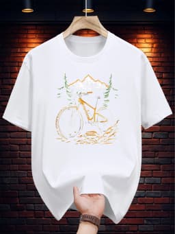 Summer Men's 100% Cotton Casual Loose Mountain and Bicycle Pattern Printed Comfortable Sports Round Neck Short Sleeved T-Shirt