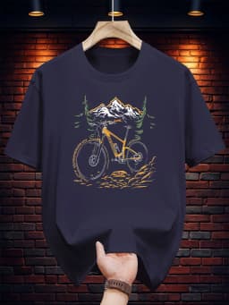Summer Men's 100% Cotton Casual Loose Mountain and Bicycle Pattern Printed Comfortable Sports Round Neck Short Sleeved T-Shirt