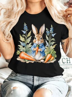 Easter Gift Women's Summer Clothing Peter Rabbit Round Neck Short Sleeve T-Shirt Rabbit Holding a Carrot Sitting Among Flowers