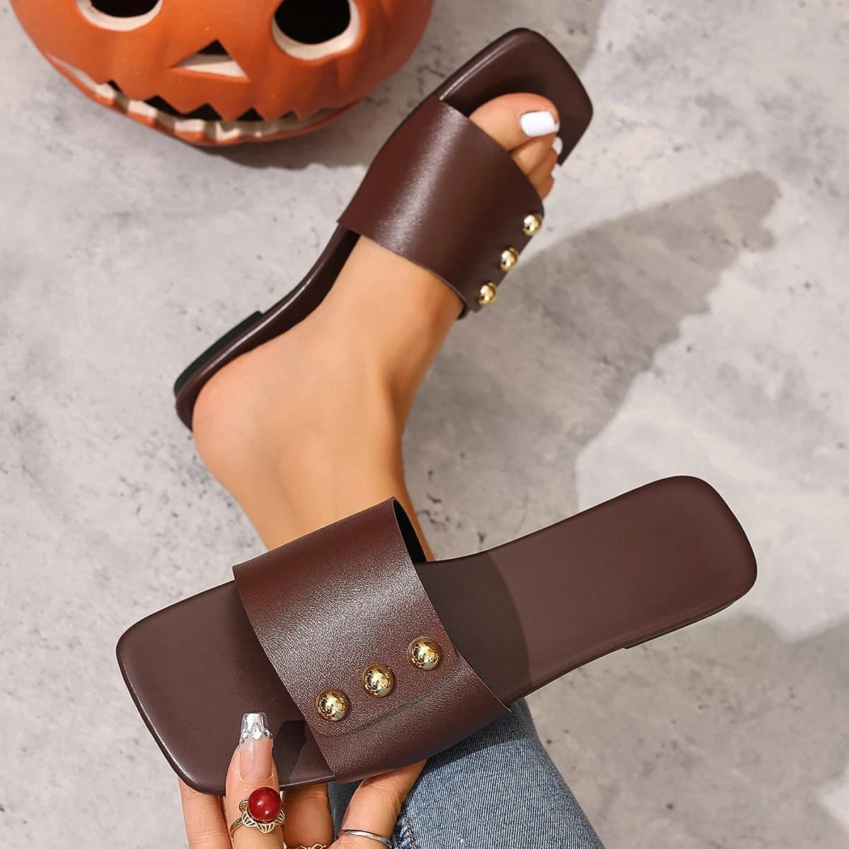 Women's Soft Slip Slippers Summer New Square Toe Hollow Cross with Rivet Non-slip Wear-resistant Flats