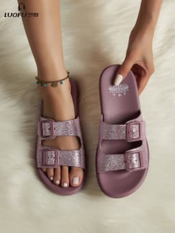 New Luofu Fashionable Women's Slippers, Outdoor Casual Double-Buckle Sandals, Thick-Soled Eva Material, Comfortable and Eco-Friendly Slippers, Indoor Non-Slip Slippers, Casual Slippers