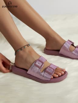 New Luofu Fashionable Women's Slippers, Outdoor Casual Double-Buckle Sandals, Thick-Soled Eva Material, Comfortable and Eco-Friendly Slippers, Indoor Non-Slip Slippers, Casual Slippers
