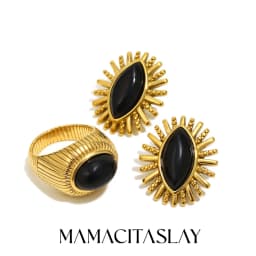 MamacitaSlay 316L Stainless Steel Black Agate Earrings Rings 18k Gold Plated Waterproof Jewelry Set For Women Unique Cool Gift