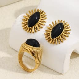 MamacitaSlay 316L Stainless Steel Black Agate Earrings Rings 18k Gold Plated Waterproof Jewelry Set For Women Unique Cool Gift