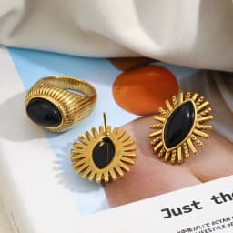 MamacitaSlay 316L Stainless Steel Black Agate Earrings Rings 18k Gold Plated Waterproof Jewelry Set For Women Unique Cool Gift