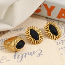 MamacitaSlay 316L Stainless Steel Black Agate Earrings Rings 18k Gold Plated Waterproof Jewelry Set For Women Unique Cool Gift