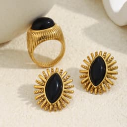 MamacitaSlay 316L Stainless Steel Black Agate Earrings Rings 18k Gold Plated Waterproof Jewelry Set For Women Unique Cool Gift
