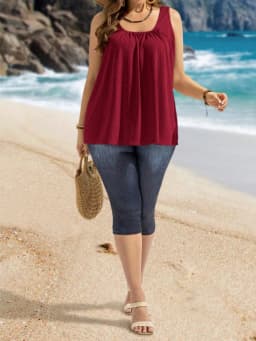 Plus Size Sleeveless Eyelet Embroidered Tank Tops for Women Square Neck Loose Fit Casual Camisoles with Curved Hem