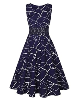 Womens Crew Neck Geometry Summer Embroidery Vintage Office A-Line Sleeveless Casual Artistic Slim Fit And Flare Swing Dress
