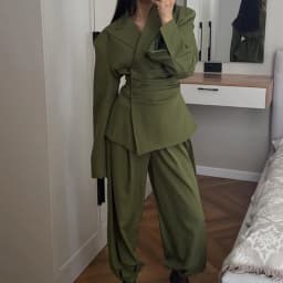 Women's Olive Green Two Piece Set Chic Padded Shoulder Cinched Waist Blazer High Waist Jogger Pants Streetwear Office Outfit