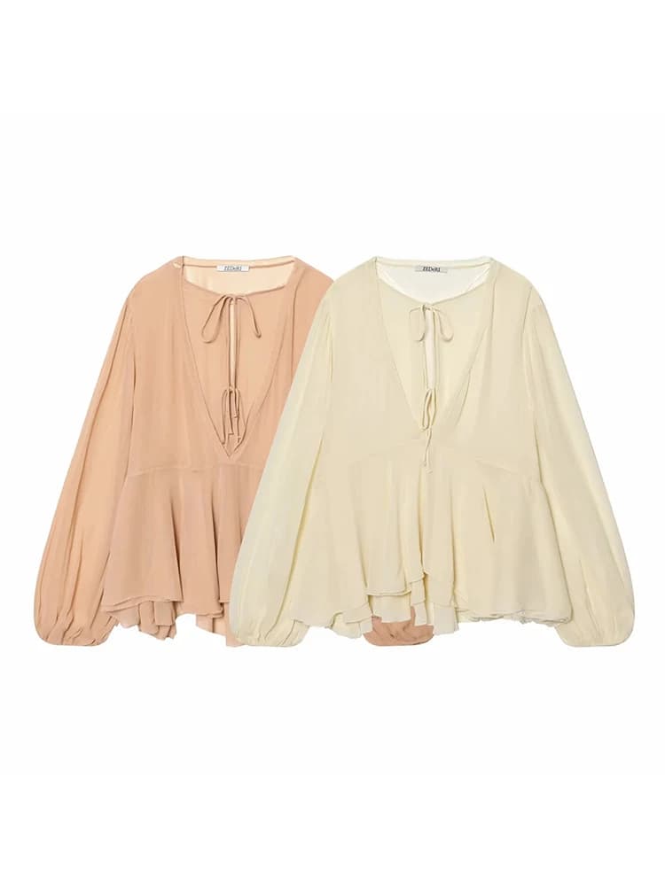 Women Chic Elegant Blouse Woman Casual Layered Fashion Spring Flare Sleeve Pleated Shirt Female O-Neck Shirt