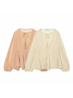 Women Chic Elegant Blouse Woman Casual Layered Fashion Spring Flare Sleeve Pleated Shirt Female O-Neck Shirt