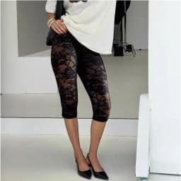 Black Lace Leggings Women's Sensual High-Waisted Sheer Cropped Trousers Lace-Up Holiday Casual Base Layer Trousers