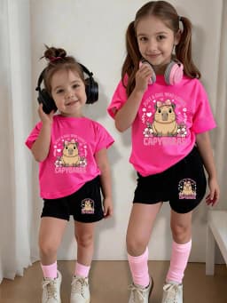 Casual Short-Sleeved Shorts Two-Piece Set for Girls Aged 4-12, Rose Red Round-Neck T-Shirt with Cute Capybara Print, Bow, Flower and Heart Elements Printed on It, Suitable for Going Out, Home, School, and Versatile