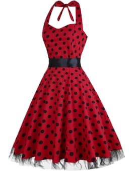 Womens Hepburn Halter Neck Polka Dot Elegant 1950s A-Line Casual Party Fit And Flare Skater Swing Vintage Dress
