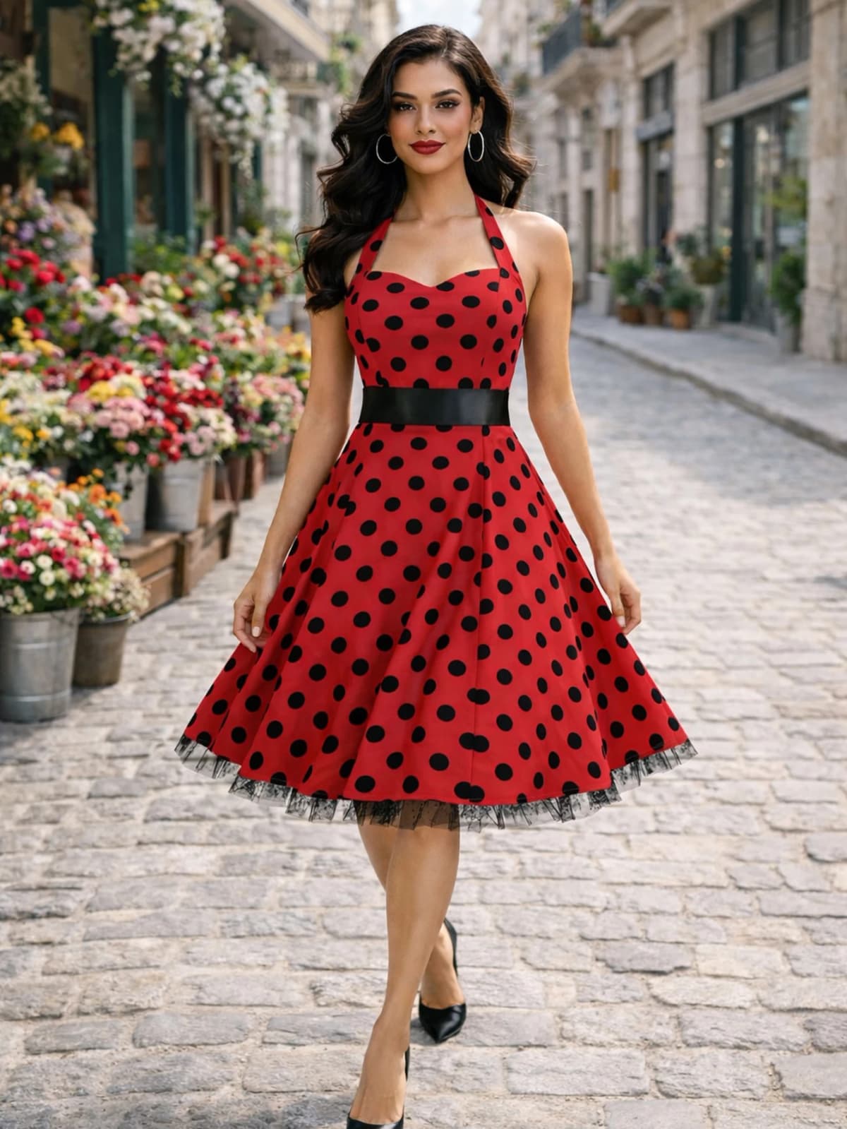 Womens Hepburn Halter Neck Polka Dot Elegant 1950s A-Line Casual Party Fit And Flare Skater Swing Vintage Dress