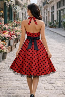 Womens Hepburn Halter Neck Polka Dot Elegant 1950s A-Line Casual Party Fit And Flare Skater Swing Vintage Dress