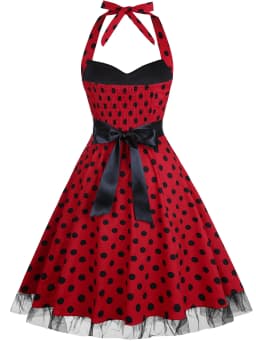 Womens Hepburn Halter Neck Polka Dot Elegant 1950s A-Line Casual Party Fit And Flare Skater Swing Vintage Dress