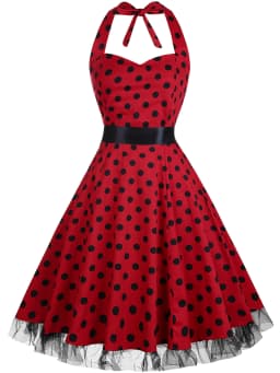 Womens Hepburn Halter Neck Polka Dot Elegant 1950s A-Line Casual Party Fit And Flare Skater Swing Vintage Dress