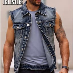 American Streetwear Men's Frayed Denim Vest Vintage Washed Turn Down Collar Sleeveless Jean Jacket Spring Summer