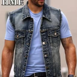 American Streetwear Men's Frayed Denim Vest Vintage Washed Turn Down Collar Sleeveless Jean Jacket Spring Summer