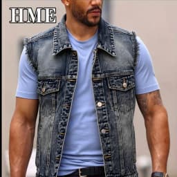 American Streetwear Men's Frayed Denim Vest Vintage Washed Turn Down Collar Sleeveless Jean Jacket Spring Summer