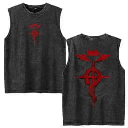 Vintage Washed Anime Fullmetal Alchemist Tank Tops Edward Elric Alphonse Elric T-Shirt Men Women Casual Sleeveless Vest T-shirts