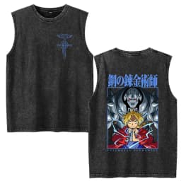 Vintage Washed Anime Fullmetal Alchemist Tank Tops Edward Elric Alphonse Elric T-Shirt Men Women Casual Sleeveless Vest T-shirts