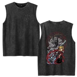 Vintage Washed Anime Fullmetal Alchemist Tank Tops Edward Elric Alphonse Elric T-Shirt Men Women Casual Sleeveless Vest T-shirts