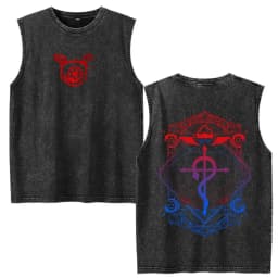 Vintage Washed Anime Fullmetal Alchemist Tank Tops Edward Elric Alphonse Elric T-Shirt Men Women Casual Sleeveless Vest T-shirts