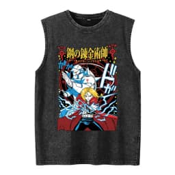 Vintage Washed Anime Fullmetal Alchemist Tank Tops Edward Elric Alphonse Elric T-Shirt Men Women Casual Sleeveless Vest T-shirts