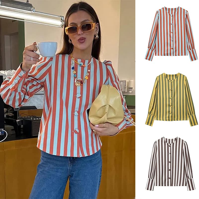 SLTNX New Women's Chic Blouse Loose Stripe Printed Shirt O-neck Bubble Sleeve Single-breasted Simple Casual Blouse