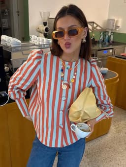 SLTNX New Women's Chic Blouse Loose Stripe Printed Shirt O-neck Bubble Sleeve Single-breasted Simple Casual Blouse