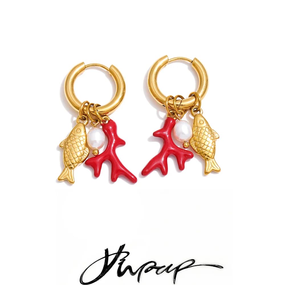 Yhpup Ocean Style Stainless Steel Natural Pearl Fish Drop Charm Earrings Summer Handmade Arrivals Ear 2026 Jewelry PVD Plated
