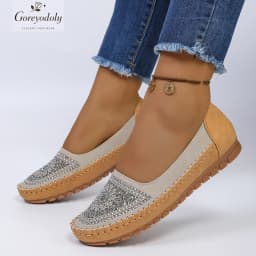 goreyodoly Women Slip On Loafers Wide Fit Comfortable Flats Lightweight Breathable Colorblock Shoes Embroidery Rhinestone Detail