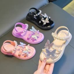 Kids' Sandals PU Leather Sequin Peep Toe Summer Outdoor Flat Shoes For Girls Breathable Anti-slip White Purple Pink Size 25-36