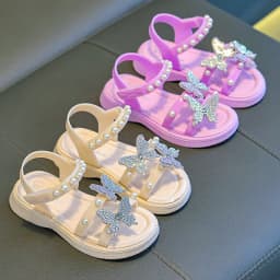 Kids' Sandals PU Leather Sequin Peep Toe Summer Outdoor Flat Shoes For Girls Breathable Anti-slip White Purple Pink Size 25-36