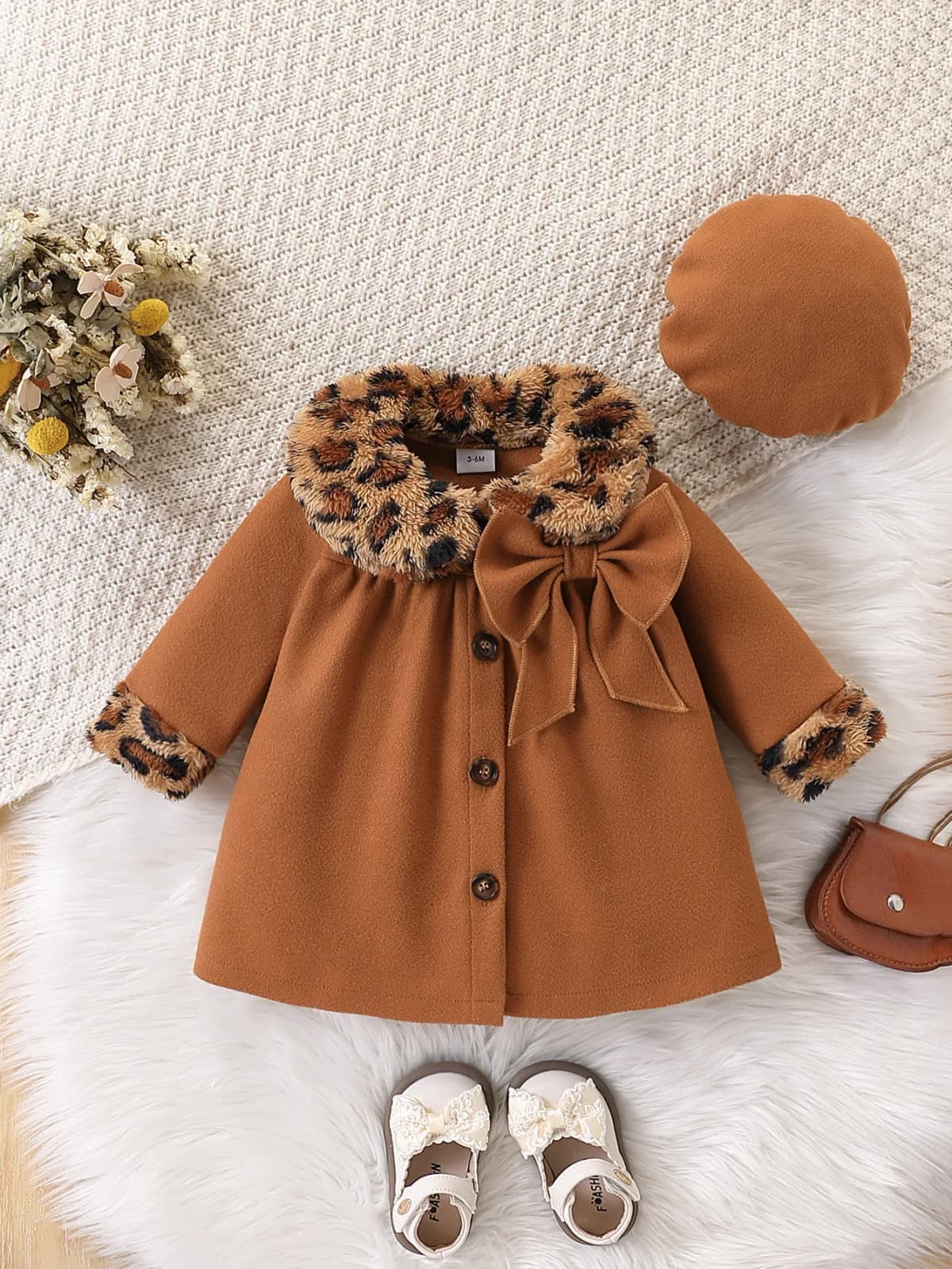 Retro Leopard Print Doll Collar Woolen Coat Set, Long Coat + Beret Two-Piece Set for Baby Girls, Autumn and Winter Fashionable and Elegant Set