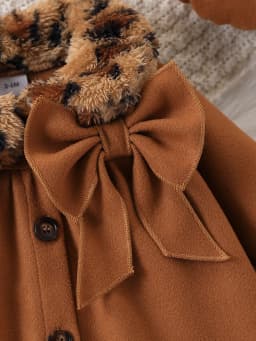 Retro Leopard Print Doll Collar Woolen Coat Set, Long Coat + Beret Two-Piece Set for Baby Girls, Autumn and Winter Fashionable and Elegant Set