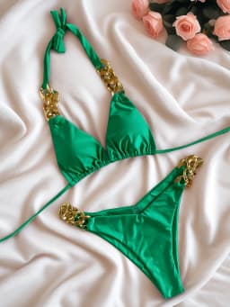 2026 New Sexy Triangle Swimsuit Solid Color Chain Decoration Split Bikini Set Beachwear Brazilian Swimwear Bathing Suit