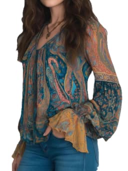 Ethnic Women Vintage Bohemian Tops Ruffled Long Sleeve V-Neck Casual Blouse Shirts Fashion Paisley Printed Boho Beach T-Shirts